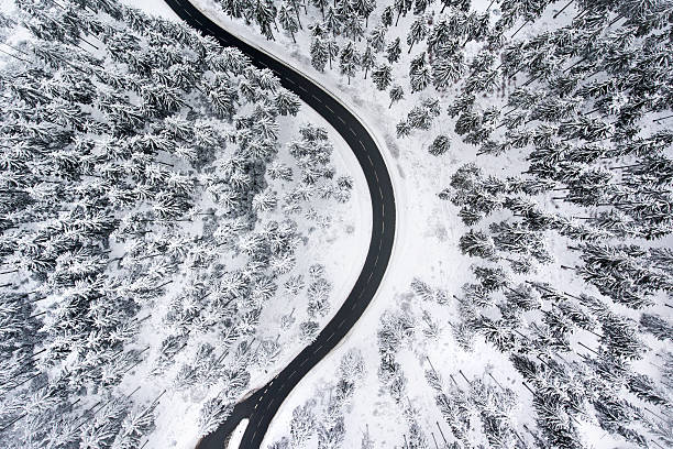 istock Road through the wintery forest - aerial view 637841028