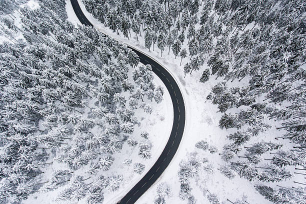 istock Road through the wintery forest - aerial view 637841062