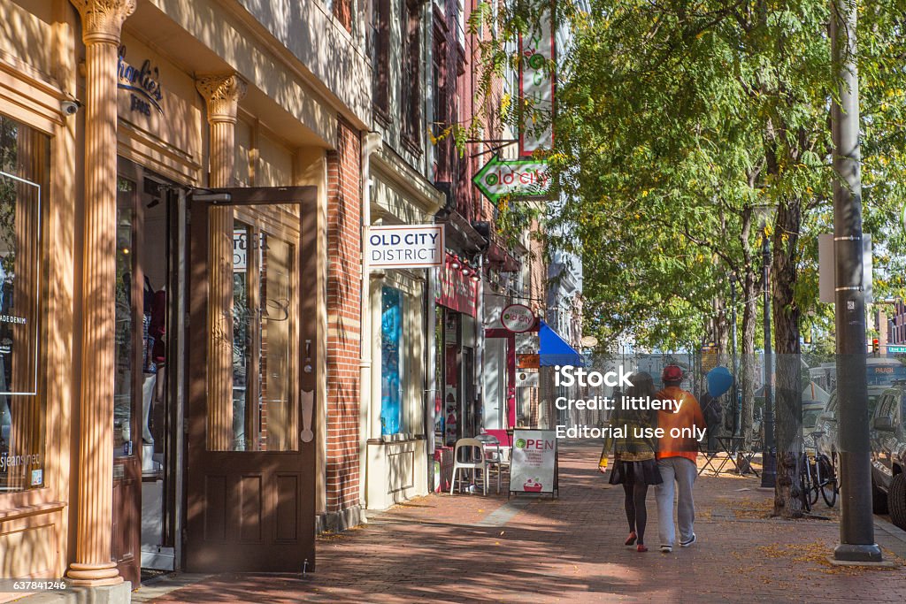 Old City Philadelphia Philadelphia, Pennsylvania, USA - October 9, 2016: Street view along landmark Market Street in Old City Philadelphia, PA with people in view. Old City is well known for it's many historical sites. Philadelphia - Pennsylvania Stock Photo