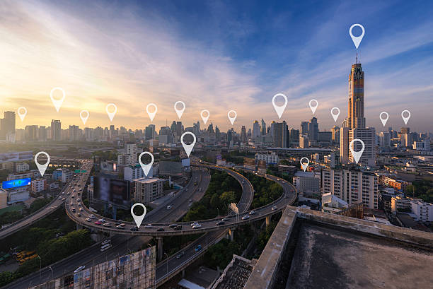 istock Map pin flat above blue tone city scape and network 637845368