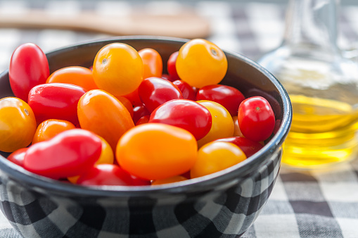 Delicious and fresh tricolor cherry tomatoes.