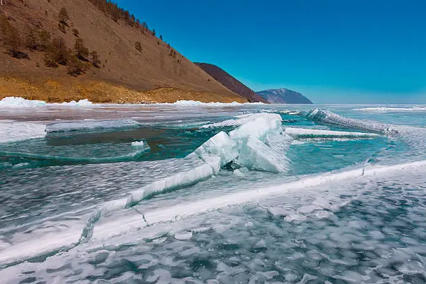 Growers ice iceberg in turquoise water of Lake Baikal.