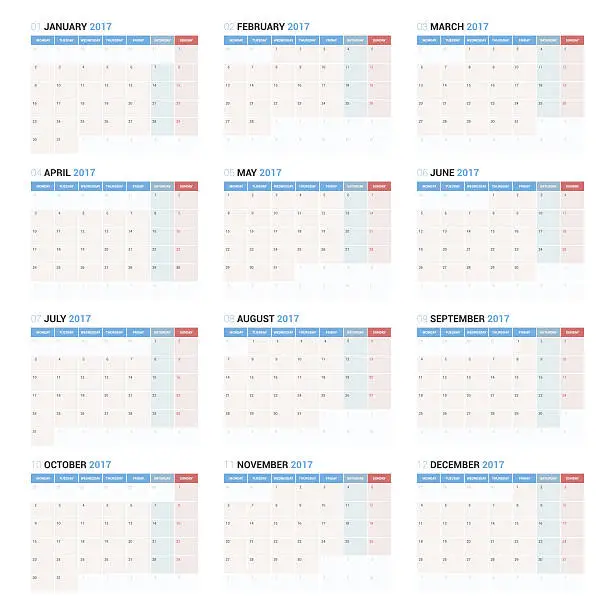 Vector illustration of Yearly Calendar Planner Template for 2017 Year.