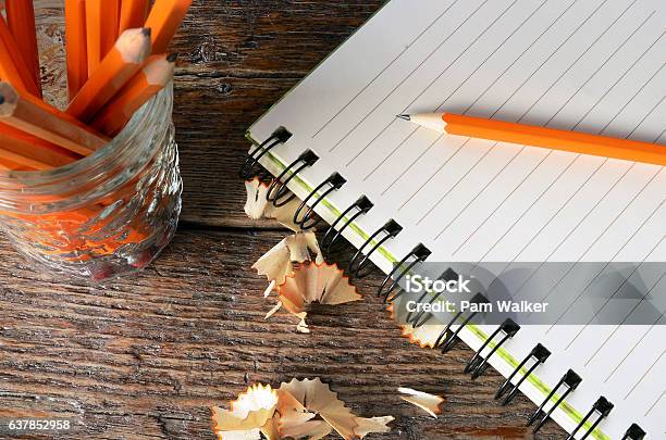 Notebook And Pencils Stock Photo - Download Image Now - Lined Paper, Directly Above, Pencil