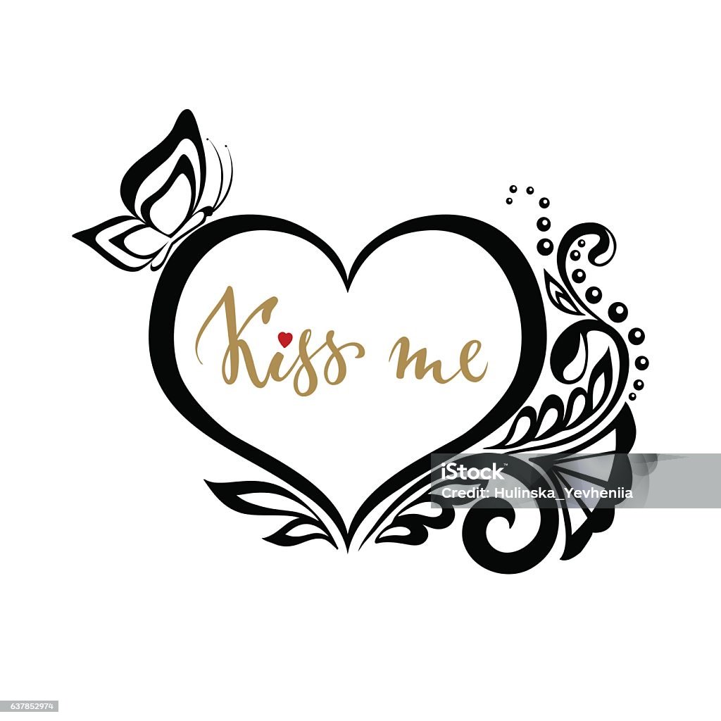 kiss me Hand drawn calligraph with silhouette heart  lace flowers. kiss me Hand drawn calligraphy and brush pen lettering with silhouette heart of lace flowers. design for holiday greeting card and invitation of the wedding, Valentine's day and Happy love day. I love you. Abstract stock vector