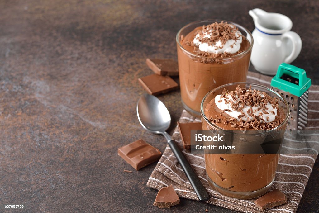 Chocolate mousse in a glass Chocolate mousse in a glass topped with whipped cream Breakfast Stock Photo