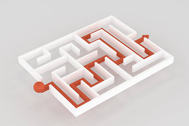 istock 3d rendering of white labyrinth with red arrow 637856788