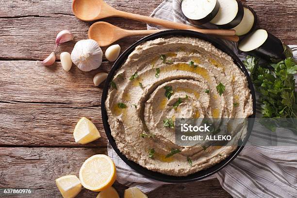 Middle Eastern Cuisine Baba Ghanoush Closeup In A Plate Horizontal Stock Photo - Download Image Now