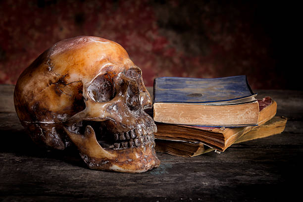 istock Still Life with a Skull and book on wooden table 637863982