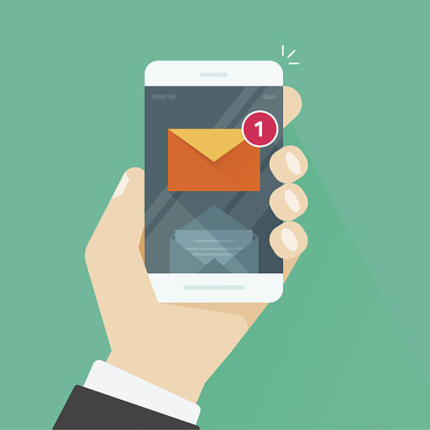 New email message notification on mobile phone vector illustration New email notification on mobile phone vector illustration, smartphone screen with new unread e-mail message and read mail envelope icons, inbox concept unread messages illustrations stock illustrations