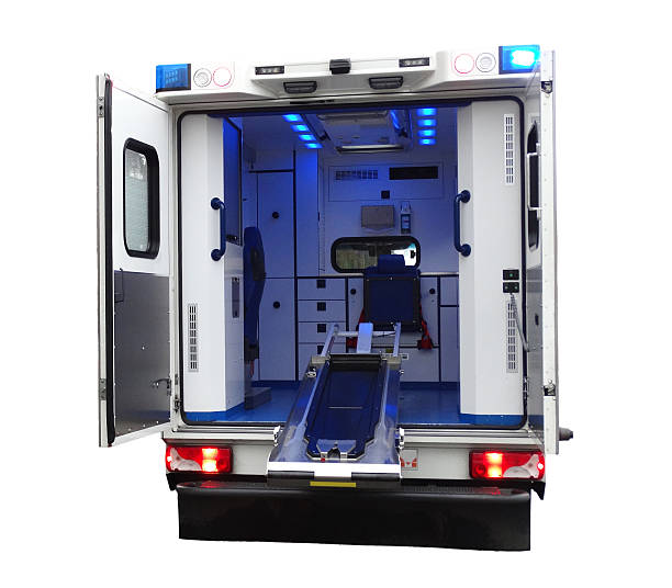 istock Emergency ambulance car with open back door. Isolated. 637865104