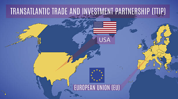 Schematic map of the Transatlantic Trade and Investment Partners Schematic map of the Transatlantic Trade and Investment Partnership (TTIP). The flags of the US and EU. Vector. law european community european union flag global communications stock illustrations