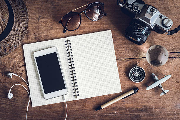 istock Traveler's accessories and items with notebook and copy space 637867224