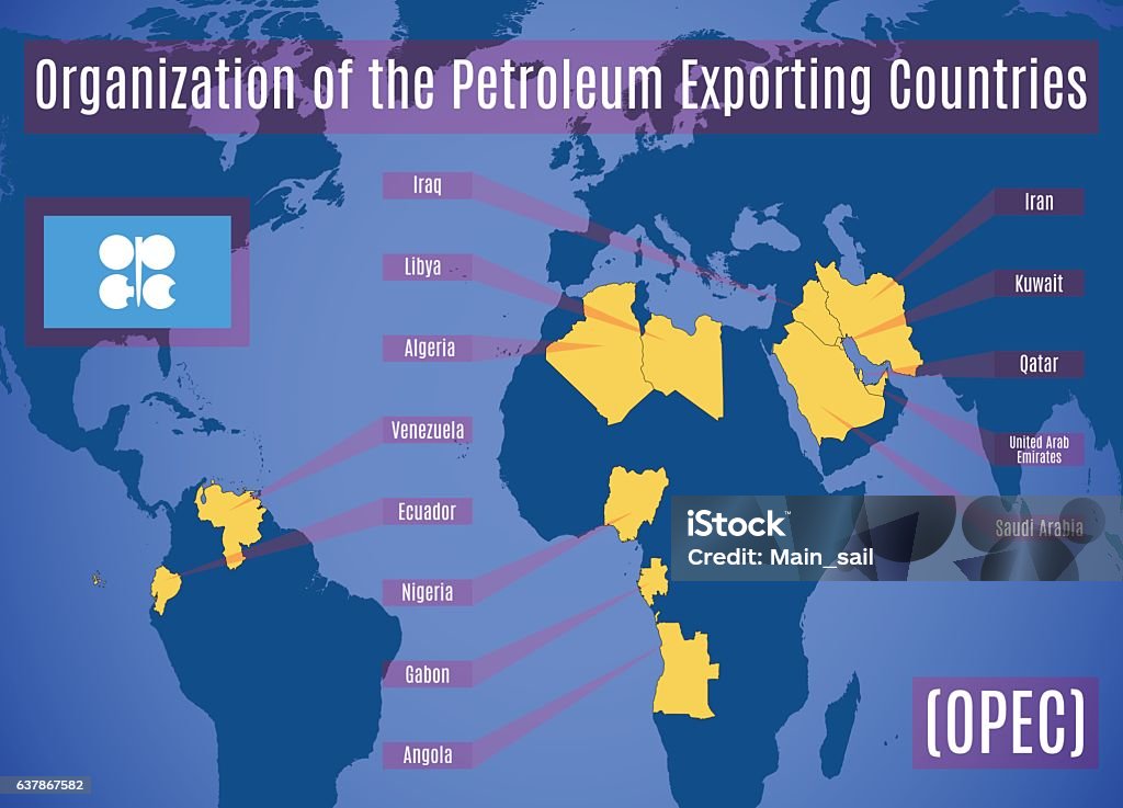 Schematic map of the OPEC. - 免版稅石油輸出國組織圖庫向量圖形