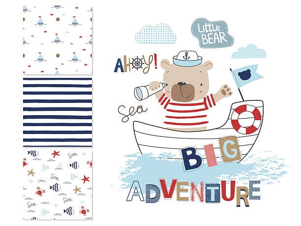 ilustraciones, imágenes clip art, dibujos animados e iconos de stock de oso marinero y 3 patrones sin costuras - bear teddy bear characters hand drawn