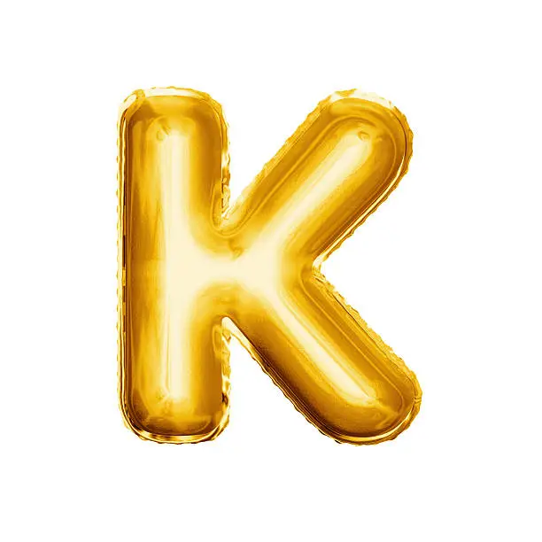 Balloon letter K. Realistic 3D isolated gold helium balloon abc alphabet golden font text. Decoration element for birthday or wedding greeting design on white background