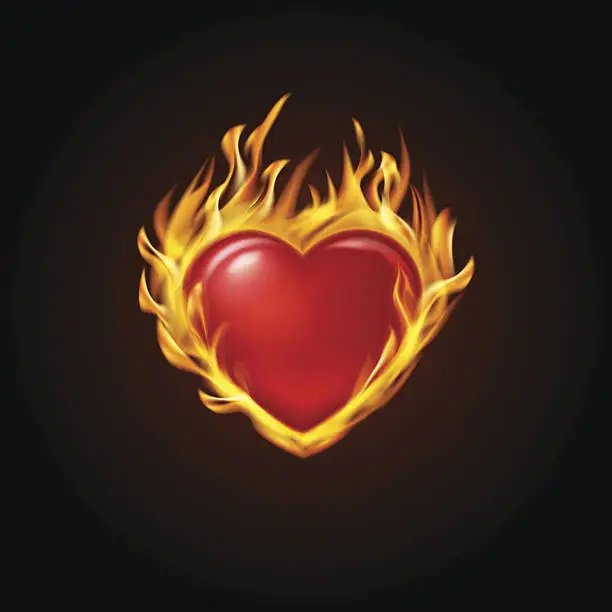 Vector illustration of Red burning heart on a black background