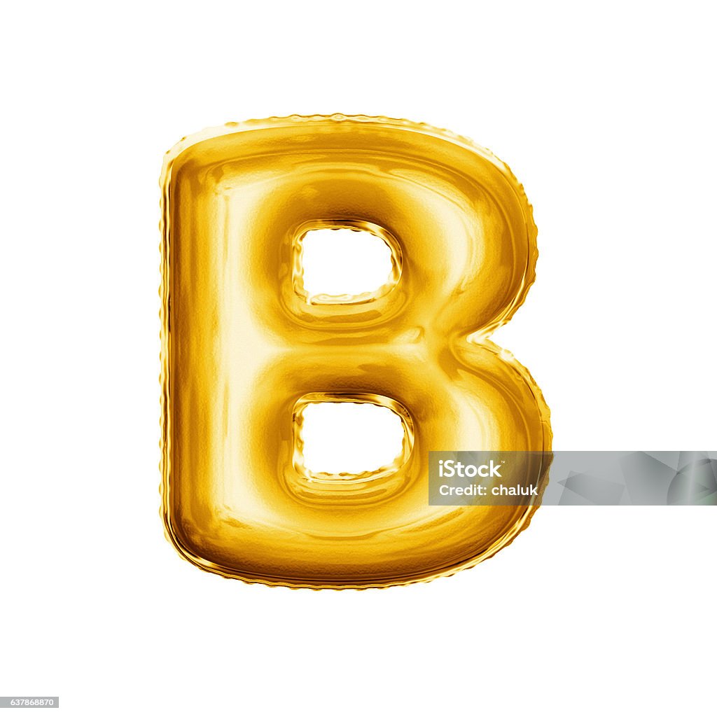 Carattere a palloncino: lettera B 3D golden foil alfabeto realistico - Foto stock royalty-free di Palloncino