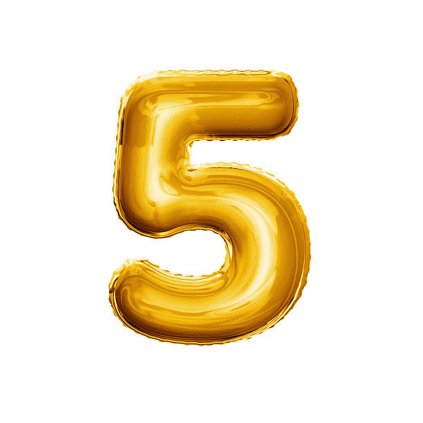 バルーンナンバー5 5つの3dゴールデン箔現実的なアルファベット - fifth birthday ストックフォトと画像