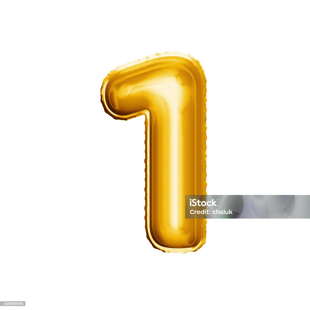 Balloon number 1 One 3D golden foil realistic alphabet Balloon number 1 One. Realistic 3D isolated gold helium balloon abc alphabet golden font text. Decoration element for birthday or wedding greeting design on white background Balloon Stock Photo