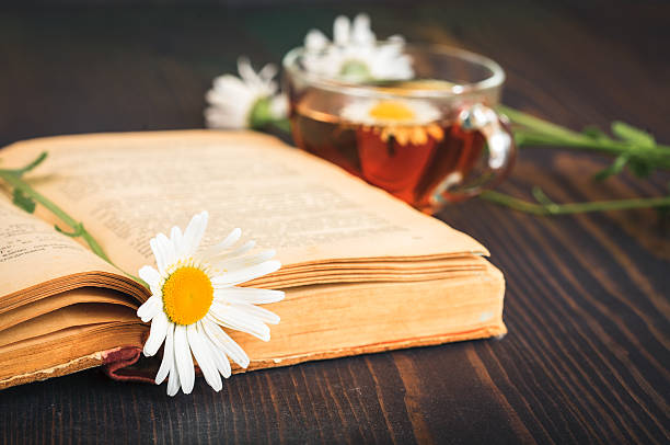 istock Cup of tea, chamomile and a book on the table 637869558