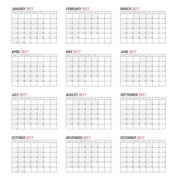 Vector illustration of Yearly Wall Calendar Planner Template for 2017