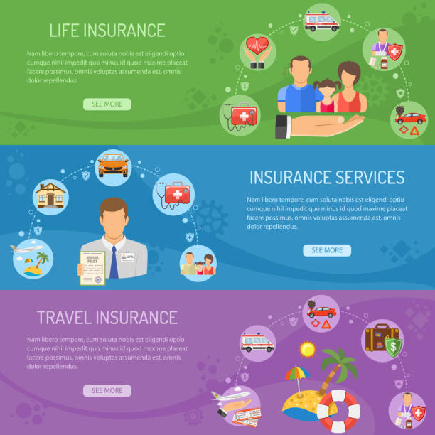 Insurance Services Horizontal Banners Insurance Services Horizontal Banners with Flat Icons Insurer, life and travel insurance. vector illustration insurer stock illustrations