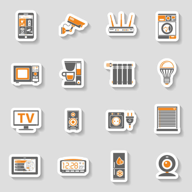 ilustrações de stock, clip art, desenhos animados e ícones de smart house and internet of things sticker icons set - two tone