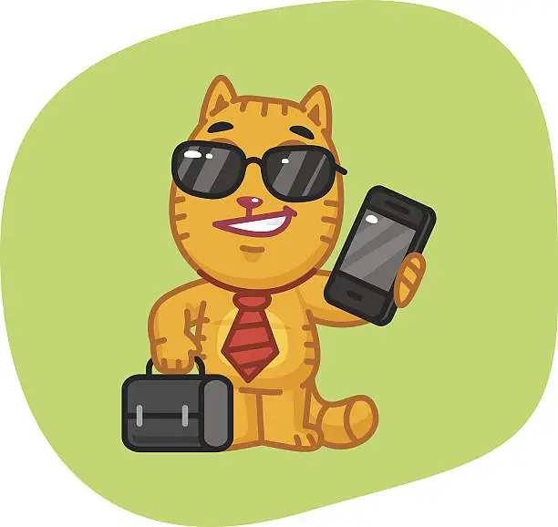 Vector illustration of Cat Businessman Holding Suitcase and Phone