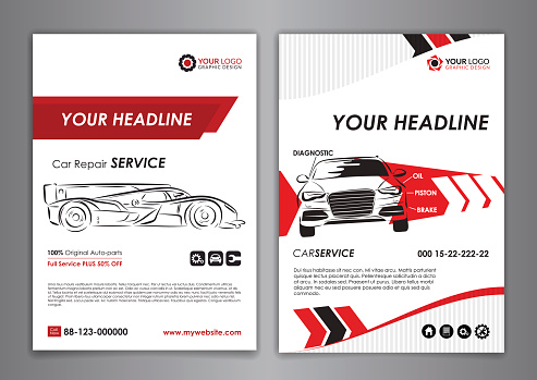 Auto repair Brochure templates, mockup flyer, abstract arrow modern backgrounds, automobile magazine cover. Vector illustration.