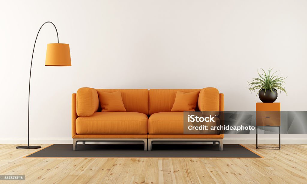 オレンジ色のソファ付きのモダンなリビングルーム - ソファのロイヤリティフリーストックフォト