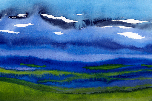 watercolor abstract landscape blue and green 