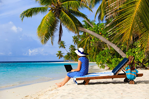 istock remote work cocept -young woman with laptop on tropical beach 637884480