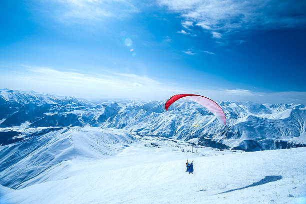 A paraglider soars over the Alps.