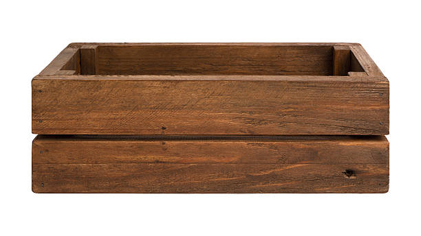 istock Empty aged wooden box isolated on white background 637894446