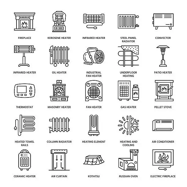 Vector illustration of Oil heater, fireplace, convector, panel column radiator and other house