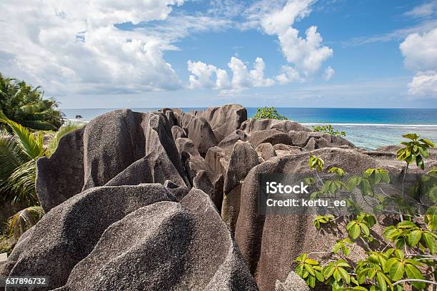 Beach View On An Island Of La Digue In Seychelles Stock Photo - Download Image Now - Anse Lazio, Beach, Beauty In Nature
