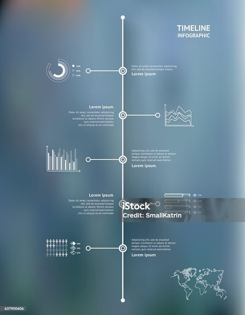 Infografía de la línea de tiempo con fondo desenfocado e iconos establecidos. Mapamundi - arte vectorial de Línea de tiempo - Medios visuales libre de derechos