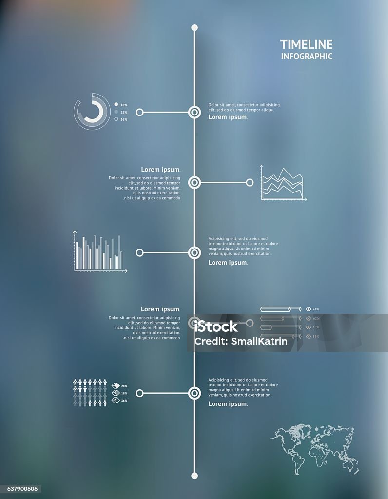 Timeline infographic with unfocused background and icons set. World map Timeline - Visual Aid stock vector