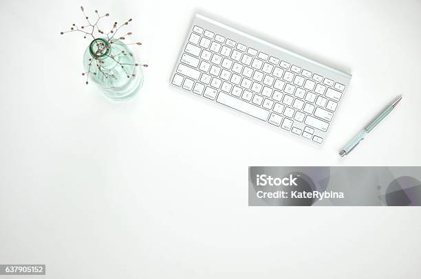 Minimal Womens Workspace Stock Photo - Download Image Now - Backgrounds, Blogging, Clock