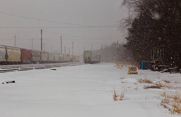 vista posteriore del treno merci che gestisce i binari ferroviari in inverno - electrcity foto e immagini stock