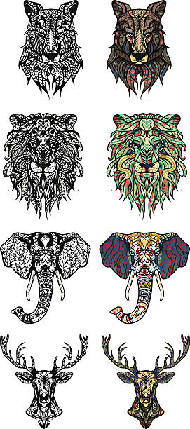 istock Set of Patterned heads of lion, deer, wolf and elephant 637908104