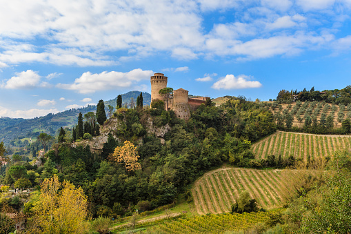 Brisighella, Italy - October 26, 2014: The Rocca Manfrediana is a fortress built in 1310 on one of the three chalky pinnacles that dominate the village of Brisighella. After the restorations it hosts a museum.