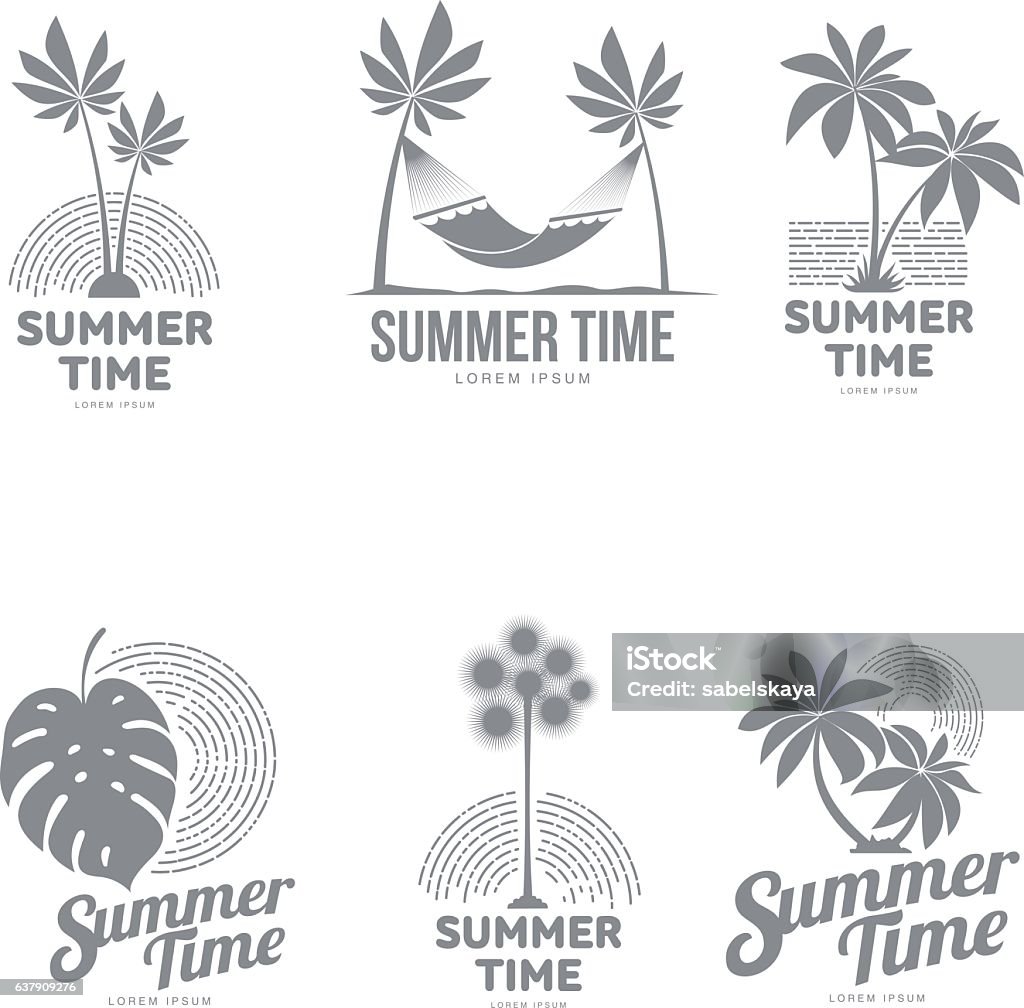 Set of black and white logo templates with palm tree Set of black and white, silhouette logo templates with palm tree, hammock, monstera leaf, vector illustration isolated on white background. Graphic logotypes, logo templates with tropic palms Hammock stock vector