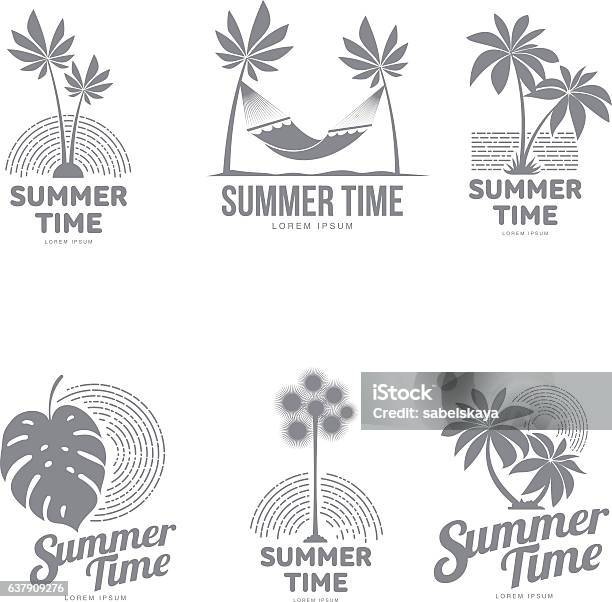 Set Of Black And White Logo Templates With Palm Tree Stock Illustration - Download Image Now