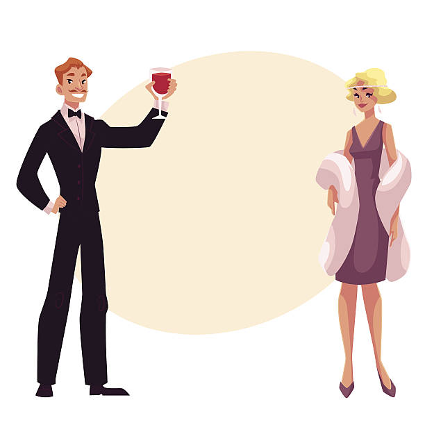 ilustrações de stock, clip art, desenhos animados e ícones de man and woman in 1920s style clothes at vintage party - men 20s cut out 30s