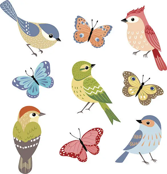 Vector illustration of Birds and butterflies