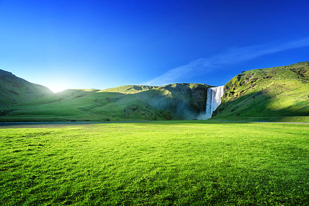 Skogarfoss waterfall and summer sunny day, Iceland