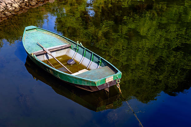 istock Green painted rowboat with a shallow layer of water 637912878