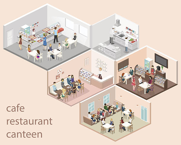 illustrations, cliparts, dessins animés et icônes de isometric plat 3d concept vectoriel café intérieur, cantine, cuisine du restaurant. - cantine